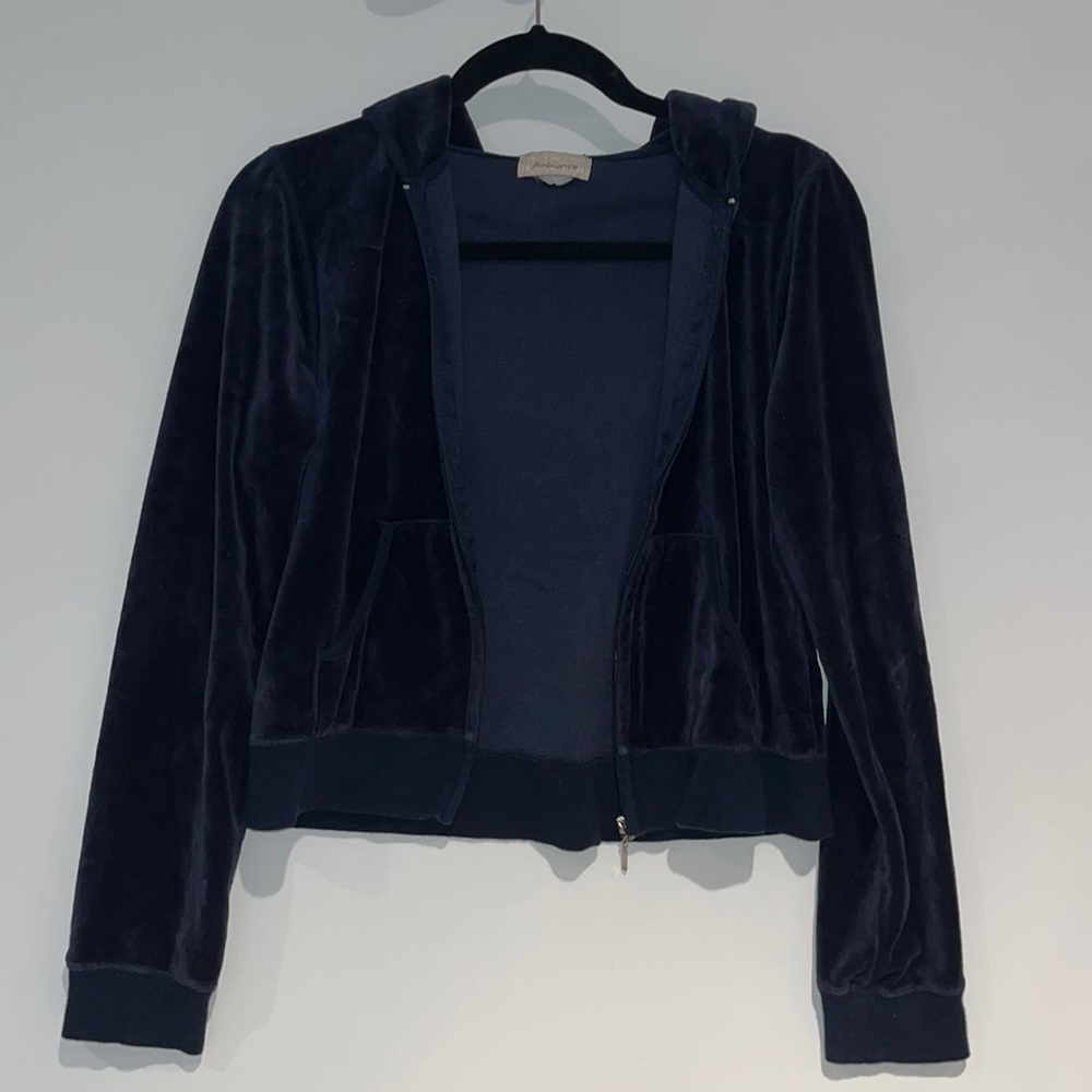 Kids Navy blue cropped velvet zip-up sweatshirt